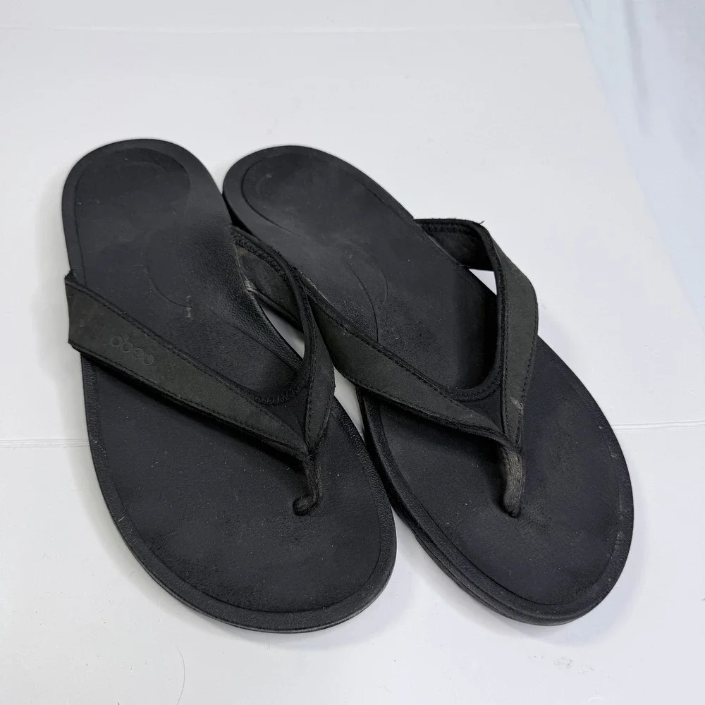 Abeo BIOsystem Mens Black Leather Thong Sandals Flip Flops Size 10